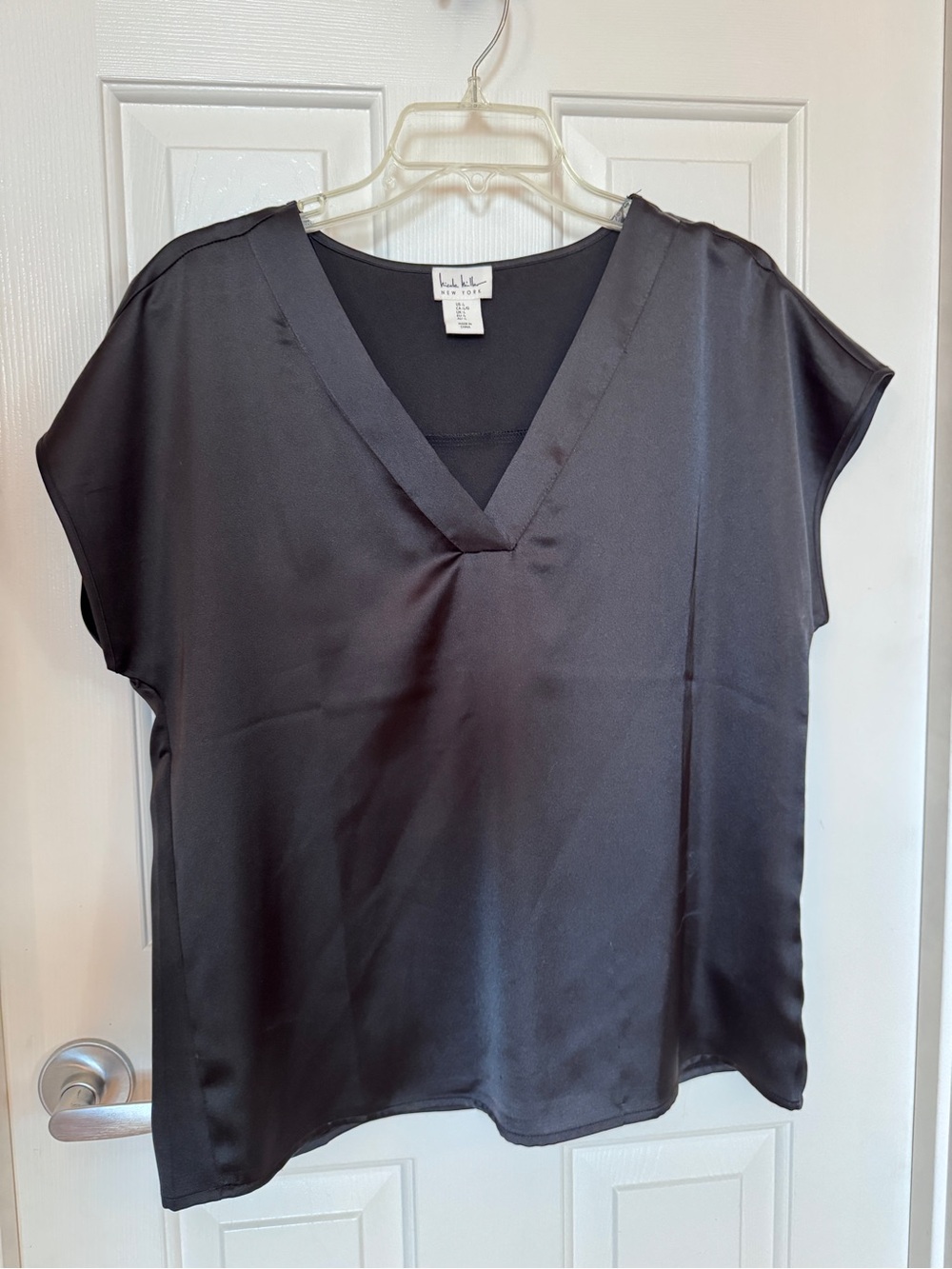 Nicole Miller V-Neck Satin Blouse - Black